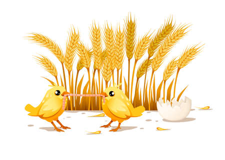 Cute two little chick standing and eating worm side view cartoon character designのイラスト素材