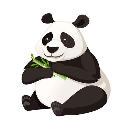 Cute big panda sit on floor and holds bamboo branch cartoon animal designのイラスト素材