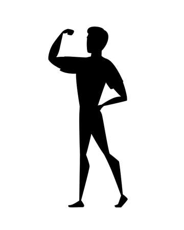 Black silhouette man wearing sports suit show the muscles cartoon character design flat vector illustration isolated on white background.のイラスト素材