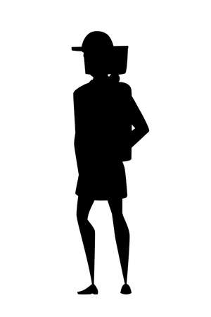 Black silhouette adult male firefighter stand on ground wearing fireproof form cartoon character design flat vector illustration.のイラスト素材