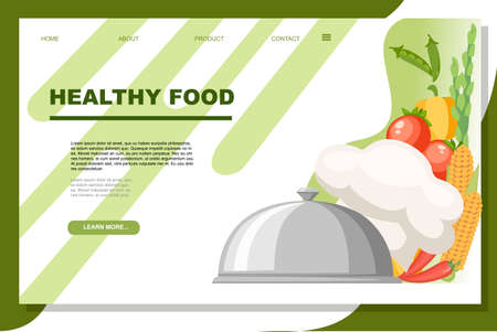 Silver restaurant cloche with white chef hat and vegetables flat vector illustration on white and green background web site page design.のイラスト素材