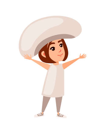 Girl kid wearing white champignon costume cartoon character design flat vector illustration isolated on white background.のイラスト素材