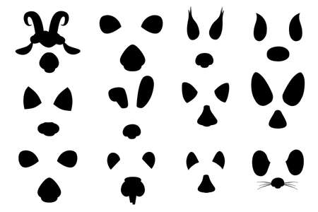 Black silhouette animal face elements set cartoon flat design ears and noses vector illustration isolated on white background.のイラスト素材