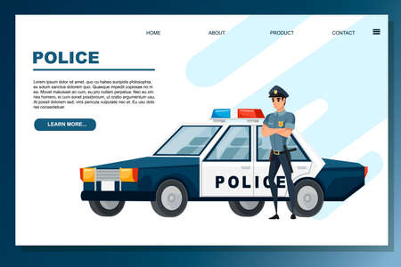 Cartoon design police car and police officer flat vector illustration on white background website page design advertising banner.のイラスト素材