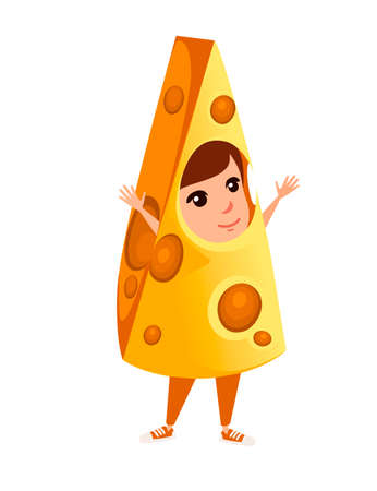 Boy kid wearing yellow cheese costume cartoon character design flat vector illustration isolated on white background.のイラスト素材