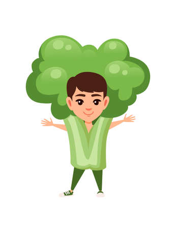Boy kid wearing green broccoli costume cartoon character design flat vector illustration isolated on white background.のイラスト素材