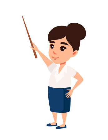 Girl kid wearing teacher costume and hold wooden pointer cartoon character design flat vector illustration isolated on white background.のイラスト素材
