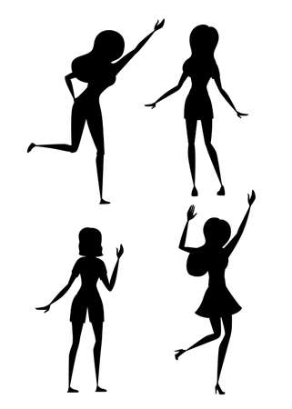 Black silhouette set of happy woman in casual clothes with up raised arms cartoon character design flat vector illustration isolated on white background.のイラスト素材