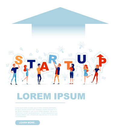 Startup concept with man and woman holding letters Startup with icon on background flat vector illustration.のイラスト素材