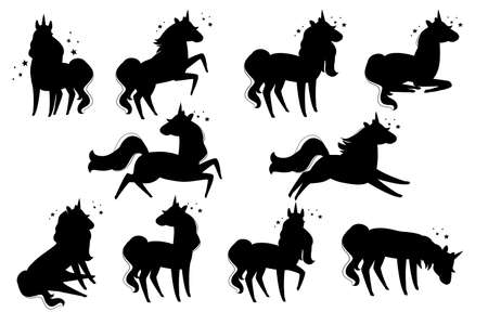 Black silhouette set of magic mythical animal from fairy tale unicorn cartoon animal designのイラスト素材