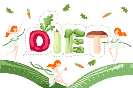 DIET style cartoon vegetable design on white plate with knife and fork flat vector illustration isolated on white background.のイラスト素材