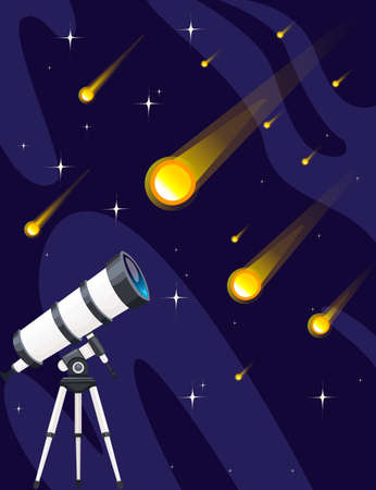 White telescope and falling stars on night sky background flat vector illustration starfall design vertical banner.のイラスト素材