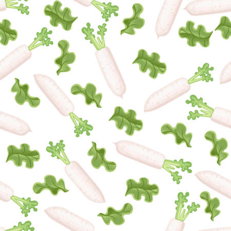 Daikon white radish with green leaves and lettuce seamless pattern flat vector illustration on white background.のイラスト素材
