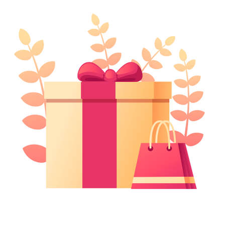 Gift box with abstract soft color pattern with leaves on background flat vector illustration on white background.のイラスト素材