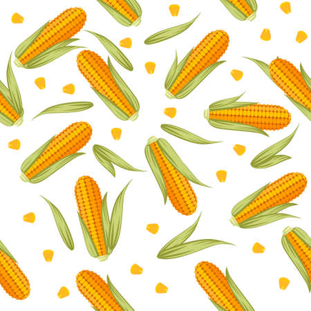 Corn combs with lettuce leaves seamless pattern flat vector illustration on white background.のイラスト素材