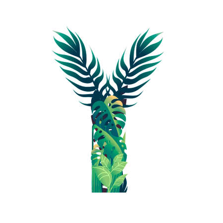 Leaf letter Y with diffirent types of green leaves and foliage flat vector illustration isolated on white background.のイラスト素材
