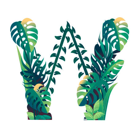 Leaf letter W with diffirent types of green leaves and foliage flat vector illustration isolated on white background.のイラスト素材