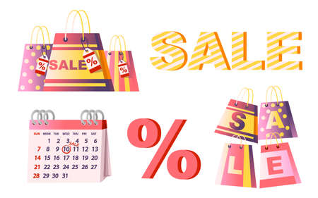 Shopping paper bags with sale tag % calendar and percentage symbol flat vector illustration isolated on white background.のイラスト素材