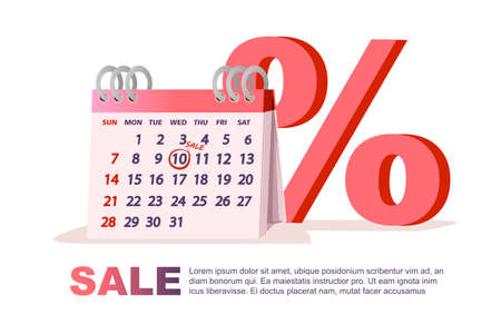Table calendar with SALES date and percentage symbol sale day tag flat vector illustration on white background.のイラスト素材