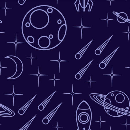 Seamless pattern of outline space icon planet spaceship, asteroid and others flat vector illustration on dark background.のイラスト素材