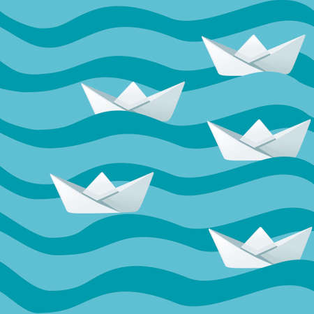 Group of white folded paper boats on abstract sea waves flat vector illustration.のイラスト素材