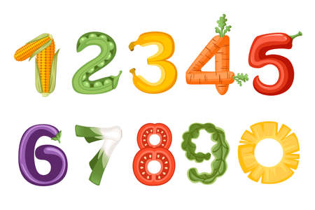 Set of numbers vegetables and fruit style food cartoon design flat vector illustration isolated on white background.のイラスト素材