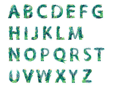 Set of Leaf alphabet with different types of green leaves and foliage flat vector illustration isolated on white background.のイラスト素材