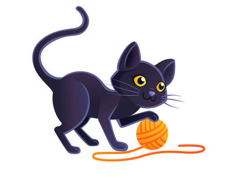 Cute adorable black cat playing with orange ball of wool cartoon animal design flat vector illustration on white background.のイラスト素材