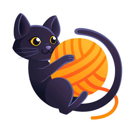 Cute adorable black cat playing with orange ball of wool cartoon animal design flat vector illustration on white background.のイラスト素材