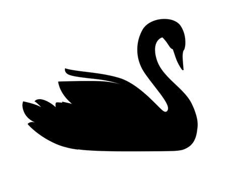 Black silhouette swan largest flying bird swim on water cartoon animal design flat vector illustration isolated on white background.のイラスト素材