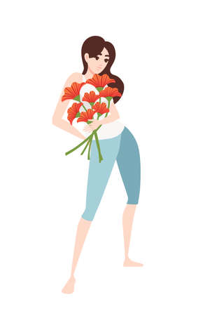Women in casual clothes holding a bouquet of poppies cartoon character design flat vector illustration on white background.のイラスト素材