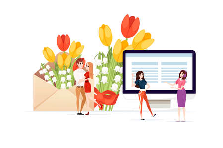 Open eco friendly paper envelope with spring flowers and couple date meeting concept creative design flat vector illustration on white background.のイラスト素材