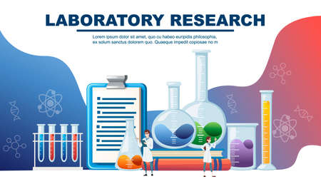 Chemistry laboratory abstract design with big equipment and little scientists advertising flyer design flat vector illustration.のイラスト素材