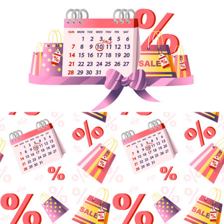 Table calendar with SALES date shopping bags and percentage symbol sale day tag flat vector illustration on white background.のイラスト素材