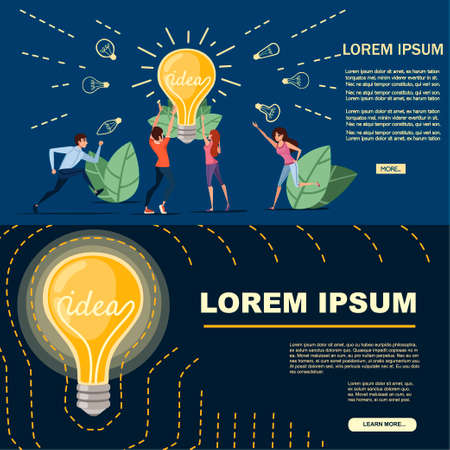 Man and women and Incandescent lamp yellow retro light bulb with IDEA concept vector illustration on dark background cartoon character design horizontal banner.のイラスト素材