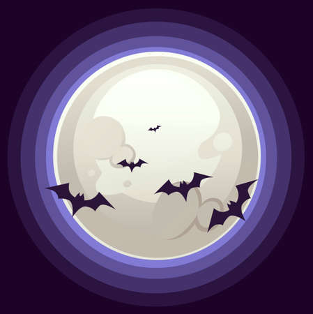 Happy Halloween vertical banner design with big white moon and bat flat vector illustration on dark background.のイラスト素材