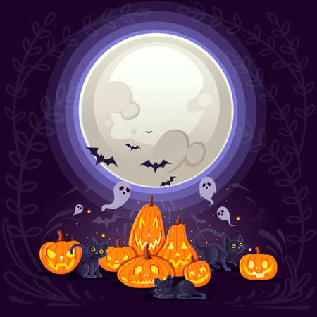 Happy Halloween pumpkins with black cats cartoon animal design scary pumpkin faces flat vector illustration on dark background with cute ghosts and white moon vertical banner.のイラスト素材