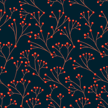 Seamless pattern of red currant berries on branch without leaves flat vector illustration on dark background.のイラスト素材