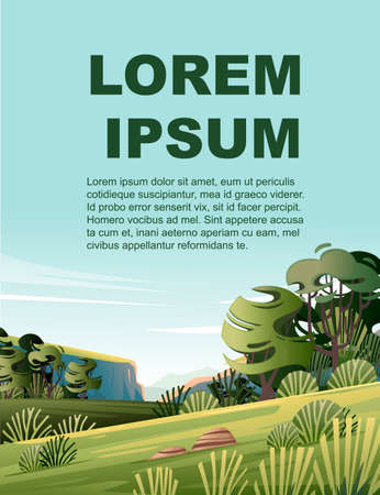 Green landscape with trees bushes plateau mountains bright sunny day flat vector illustration vertical greetings card for flyer design.のイラスト素材