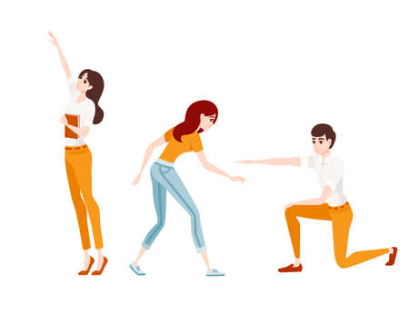 Man show the way with hand casual clothes cartoon character design flat vector illustration isolated on white background.のイラスト素材