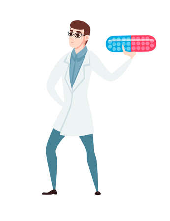 Male doctor in a medical coat holding a large pill in his hand cartoon character design flat vector illustration.のイラスト素材