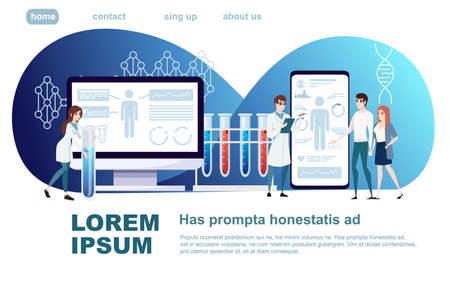 Abstract big monitor and mobile app small people in white coats a cartoon character design flat vector illustration on white background with data website design.のイラスト素材