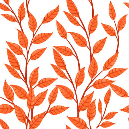 Seamless pattern of orange autumn leaves on branches flat vector illustration on white background.のイラスト素材