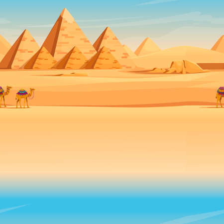 Giza Egyptian Pyramids desert landscape with camels flat vector illustration horizontal image.のイラスト素材