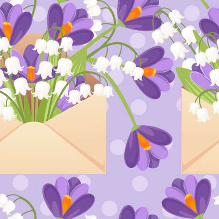 Seamless pattern of open eco friendly paper envelope with spring flowers creative design flat vector illustration on purple dotted background.のイラスト素材