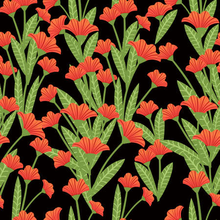 Seamless pattern red poppies plant of red flowers flat vector illustration on dark background.のイラスト素材