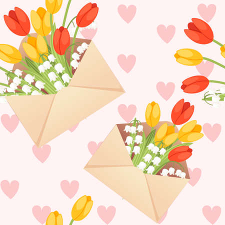 Seamless pattern of open eco friendly paper envelope with spring flowers creative design flat vector illustration on pink background with hearts.のイラスト素材