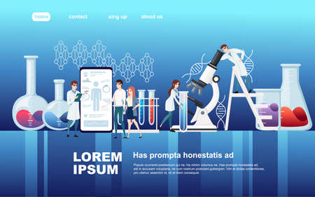 Abstract big monitor pills and microscope and small people in white coats a cartoon character design flat vector illustration on dark background with data website design.のイラスト素材