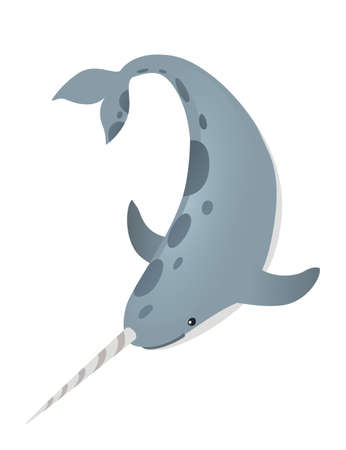 Gray narwhal(Monodon monoceros) toothed whale with tusk cartoon sea character design flat vector illustration isolated on white background.のイラスト素材