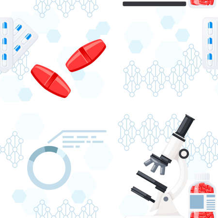 Seamless pattern of medical pharmaceutical items pills microscope and medicine formula flat vector...